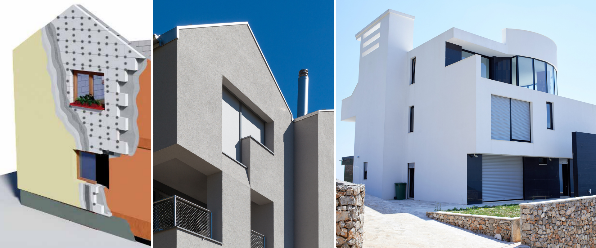 Fachadas com o Sistema ThermInnov: placas isolantes fixadas com buchas e edifícios com o revestimento final aplicado