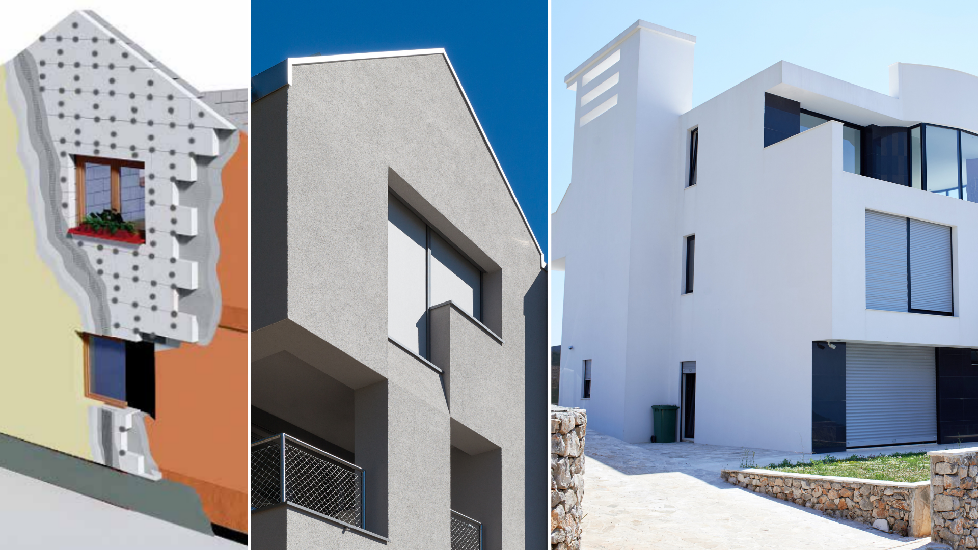 Isolamento térmico pelo exterior com o Sistema ThermInnov: esquema das placas isolantes numa fachada e dois edifícios acabados
